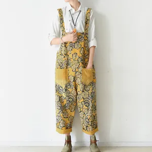 2021 autumn yellow print jumpsuits cotton pants oversize casual fall outfits