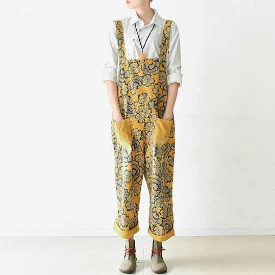 2021 autumn yellow print jumpsuits cotton pants oversize casual fall outfits