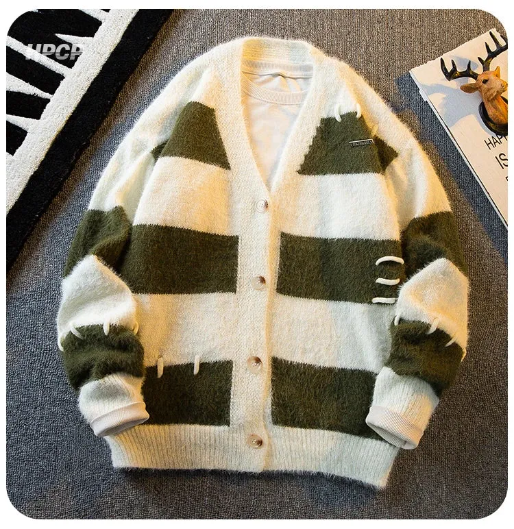 Aidase 2024 Men's Winter Vintage V-neck Striped Sweater Jackets Male Loose Cardigan Outerwear Men Long Sleeve Knitted Coats