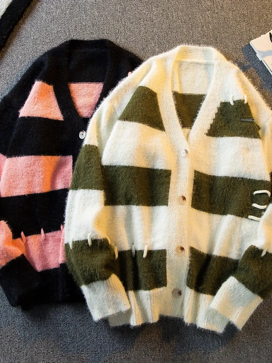 Aidase 2024 Men's Winter Vintage V-neck Striped Sweater Jackets Male Loose Cardigan Outerwear Men Long Sleeve Knitted Coats
