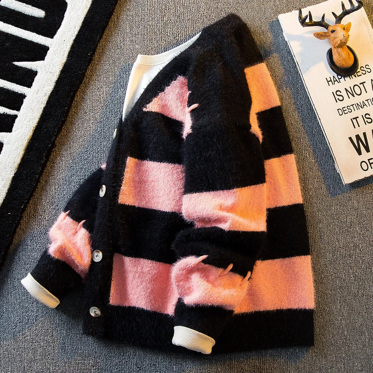 Aidase 2024 Men's Winter Vintage V-neck Striped Sweater Jackets Male Loose Cardigan Outerwear Men Long Sleeve Knitted Coats