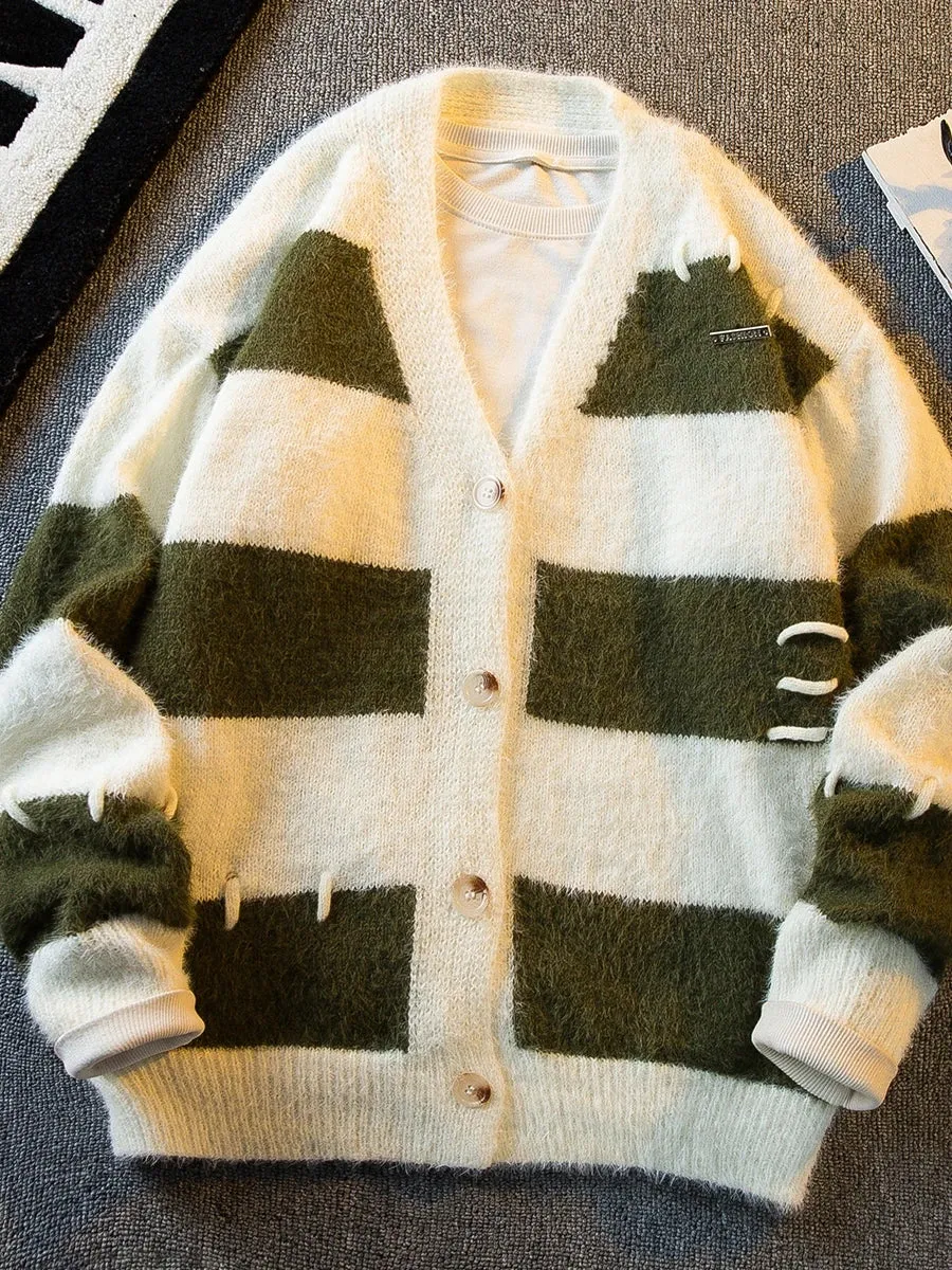 Aidase 2024 Men's Winter Vintage V-neck Striped Sweater Jackets Male Loose Cardigan Outerwear Men Long Sleeve Knitted Coats