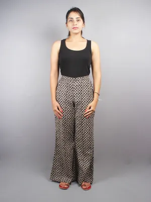 Beige Brown Hand Block Printed Elasticated Waist Straight Cotton Palazzo - P1117028