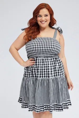 Black Check Fit And Flare Dress Sleeveless Shirred