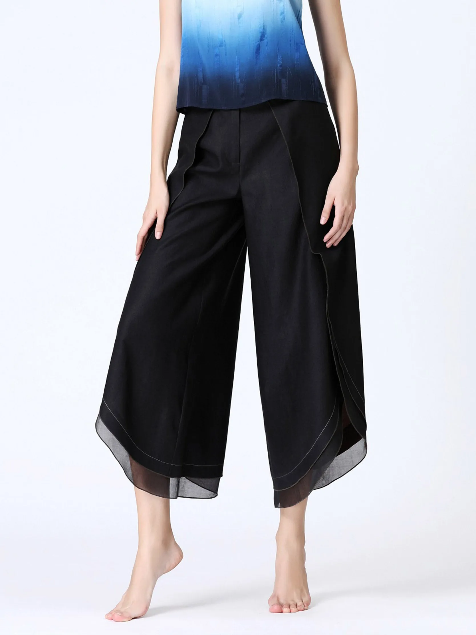 Elastic Gambiered Silk Two Pieces Falbala Pant