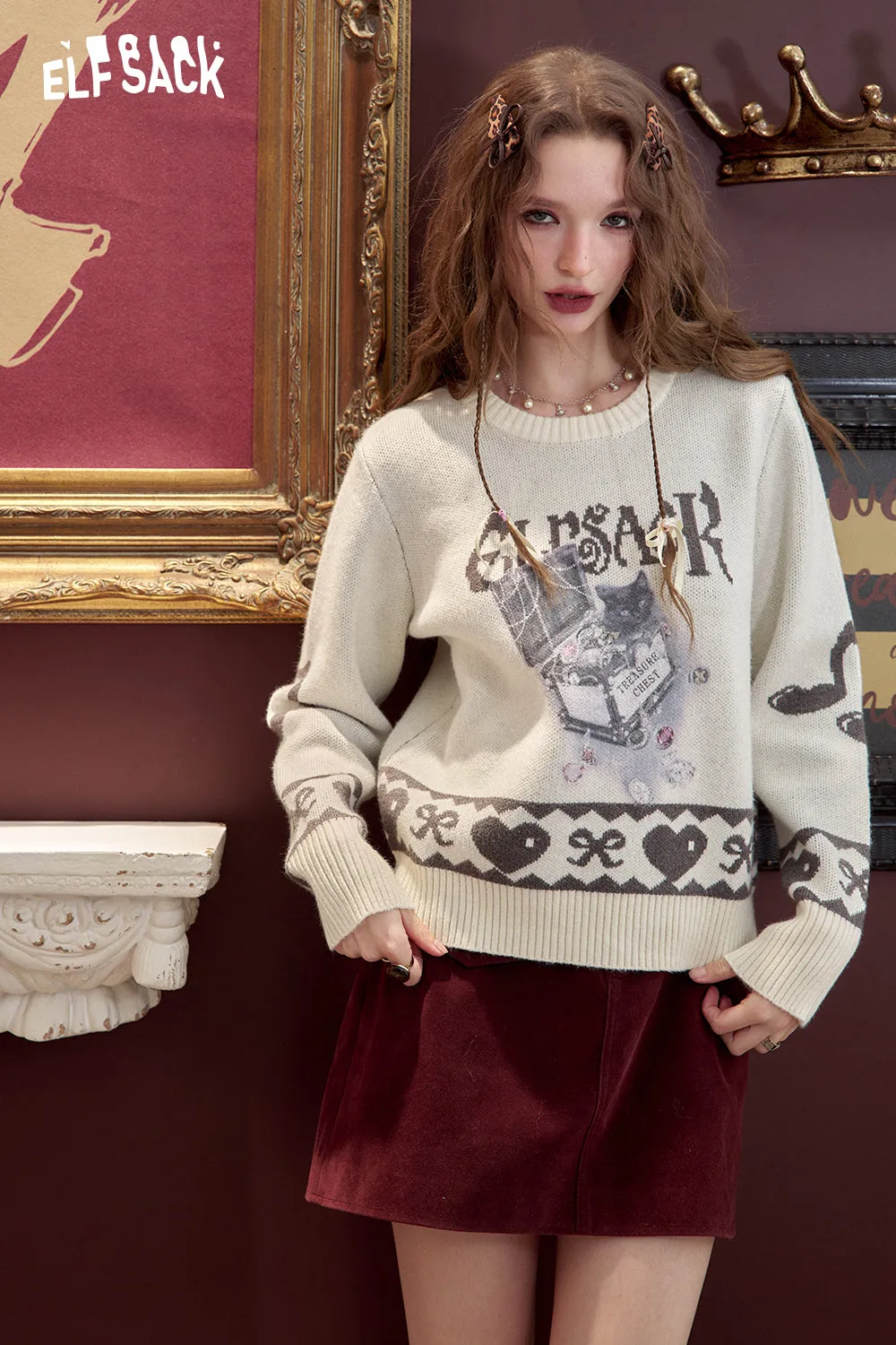 ELFSACK 2024 Winter New Arrivals Short sweater for women knitted jacquard loose soft preppy style