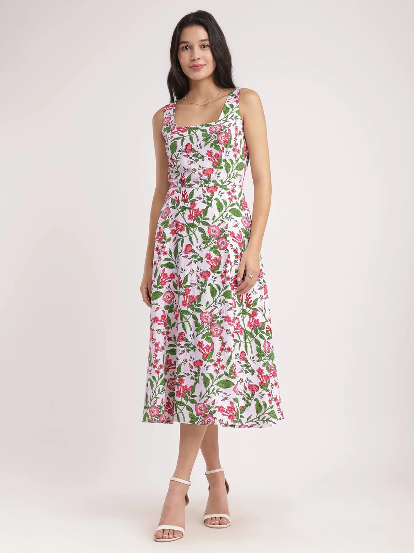 Fit And Flare Floral Dress - White And Pink