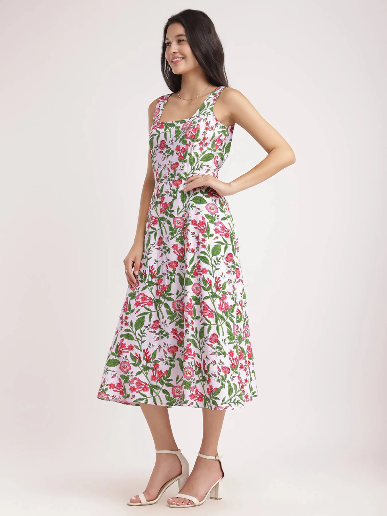 Fit And Flare Floral Dress - White And Pink