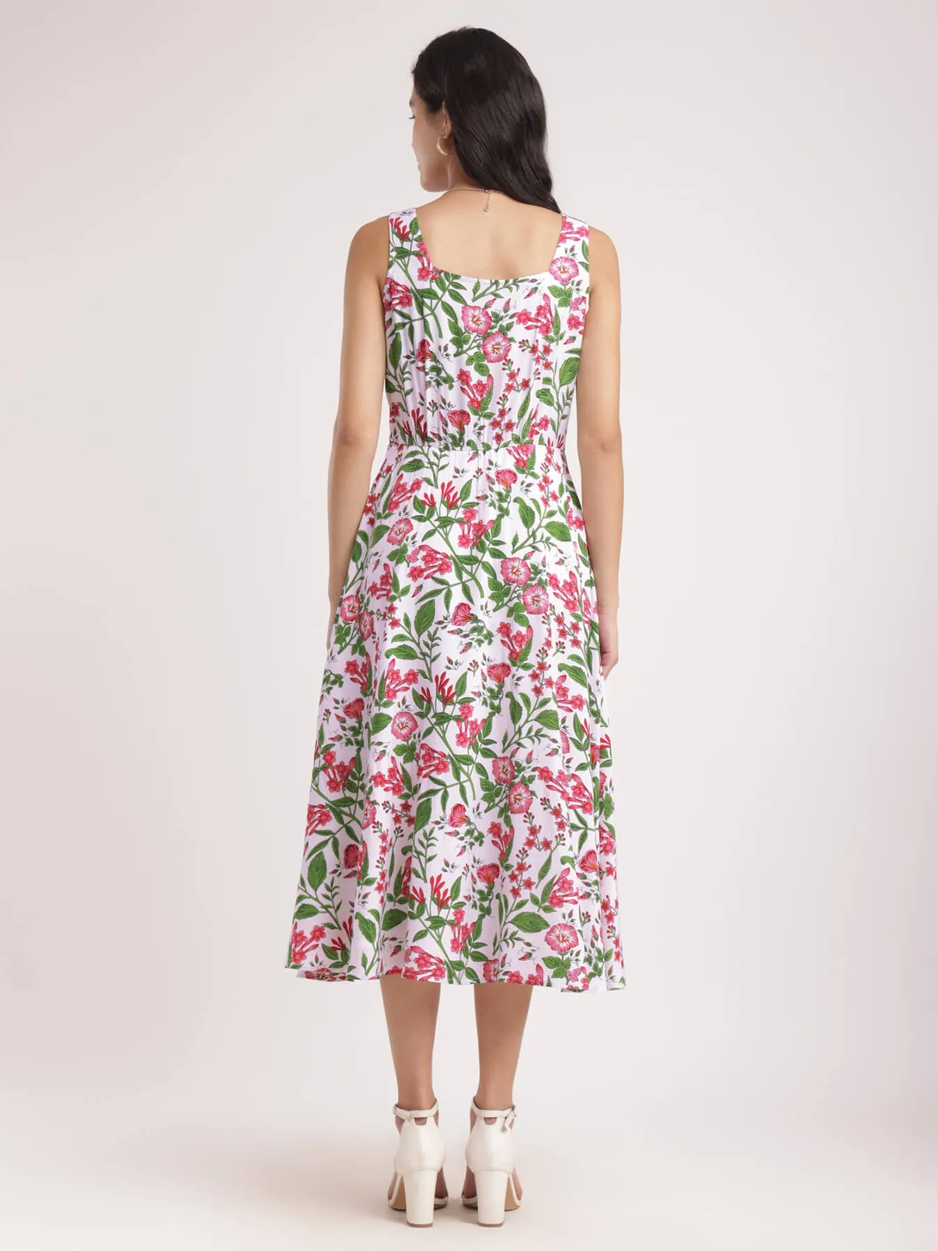 Fit And Flare Floral Dress - White And Pink