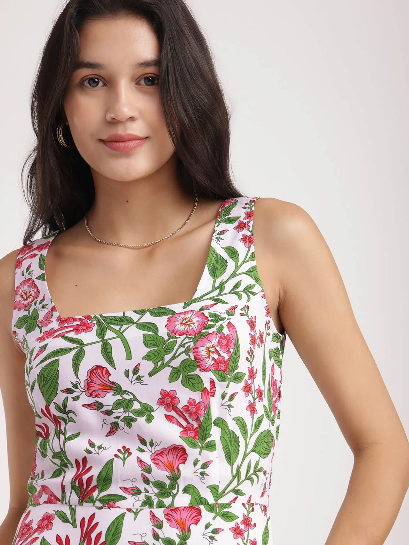 Fit And Flare Floral Dress - White And Pink