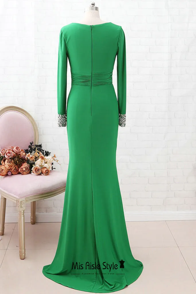 Fit and Flare Long Sleeve Green Evening Dress