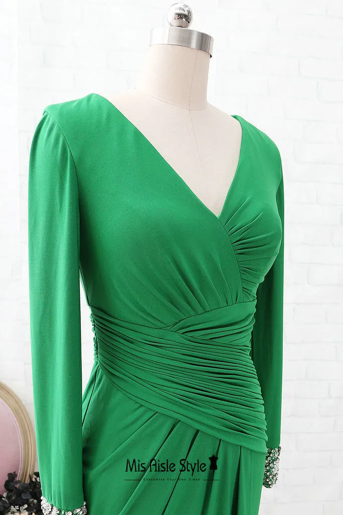 Fit and Flare Long Sleeve Green Evening Dress
