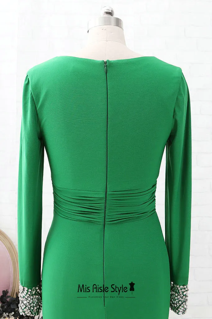 Fit and Flare Long Sleeve Green Evening Dress