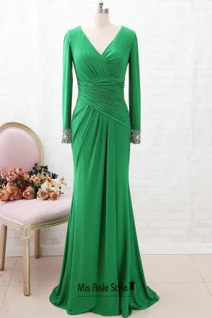 Fit and Flare Long Sleeve Green Evening Dress