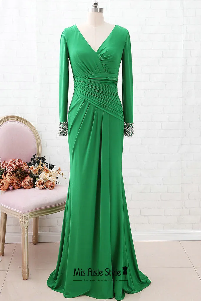 Fit and Flare Long Sleeve Green Evening Dress