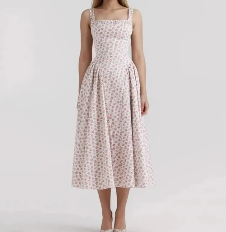 Floral Print Square Neck Strap Flare Midi Dress