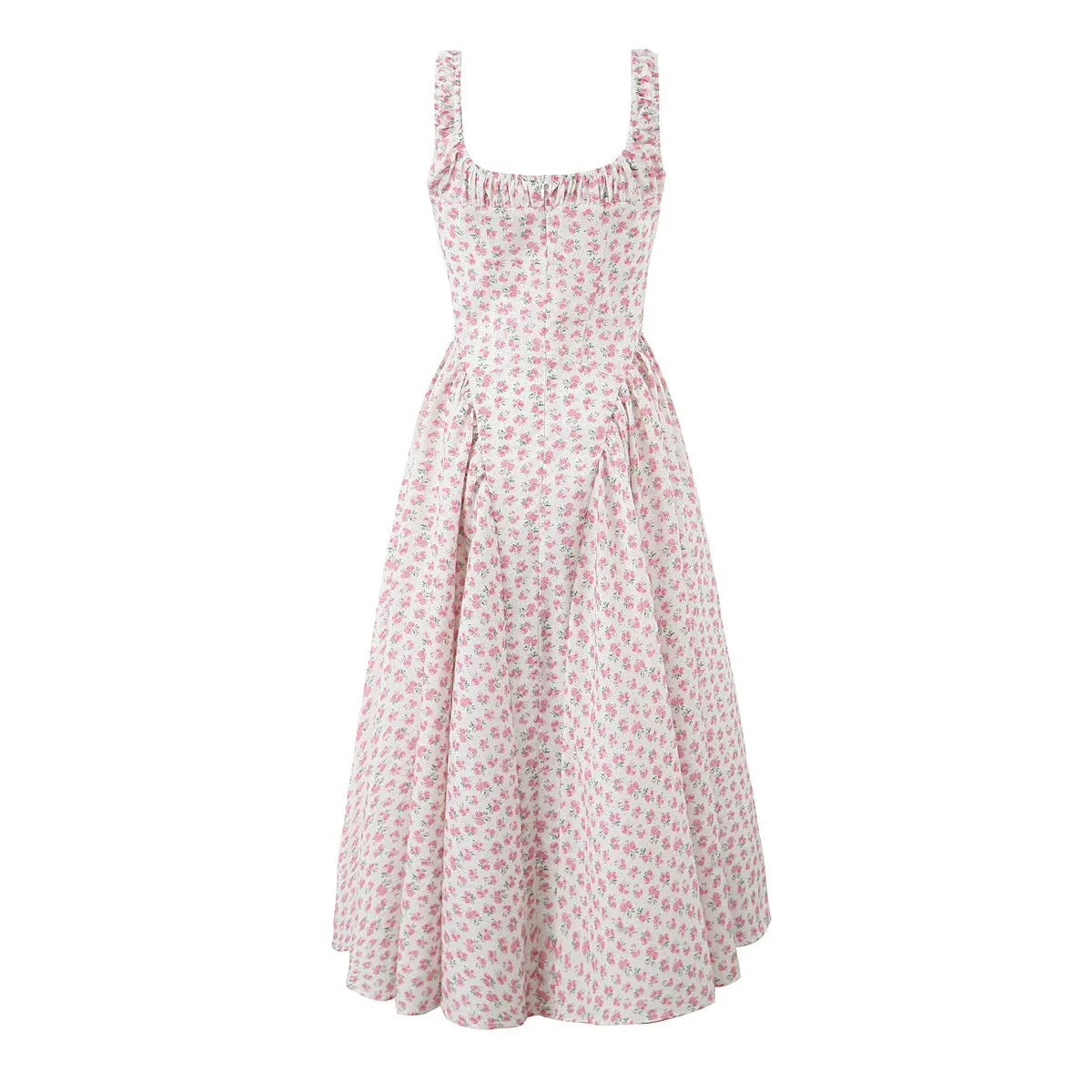 Floral Print Square Neck Strap Flare Midi Dress
