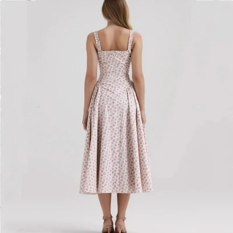 Floral Print Square Neck Strap Flare Midi Dress