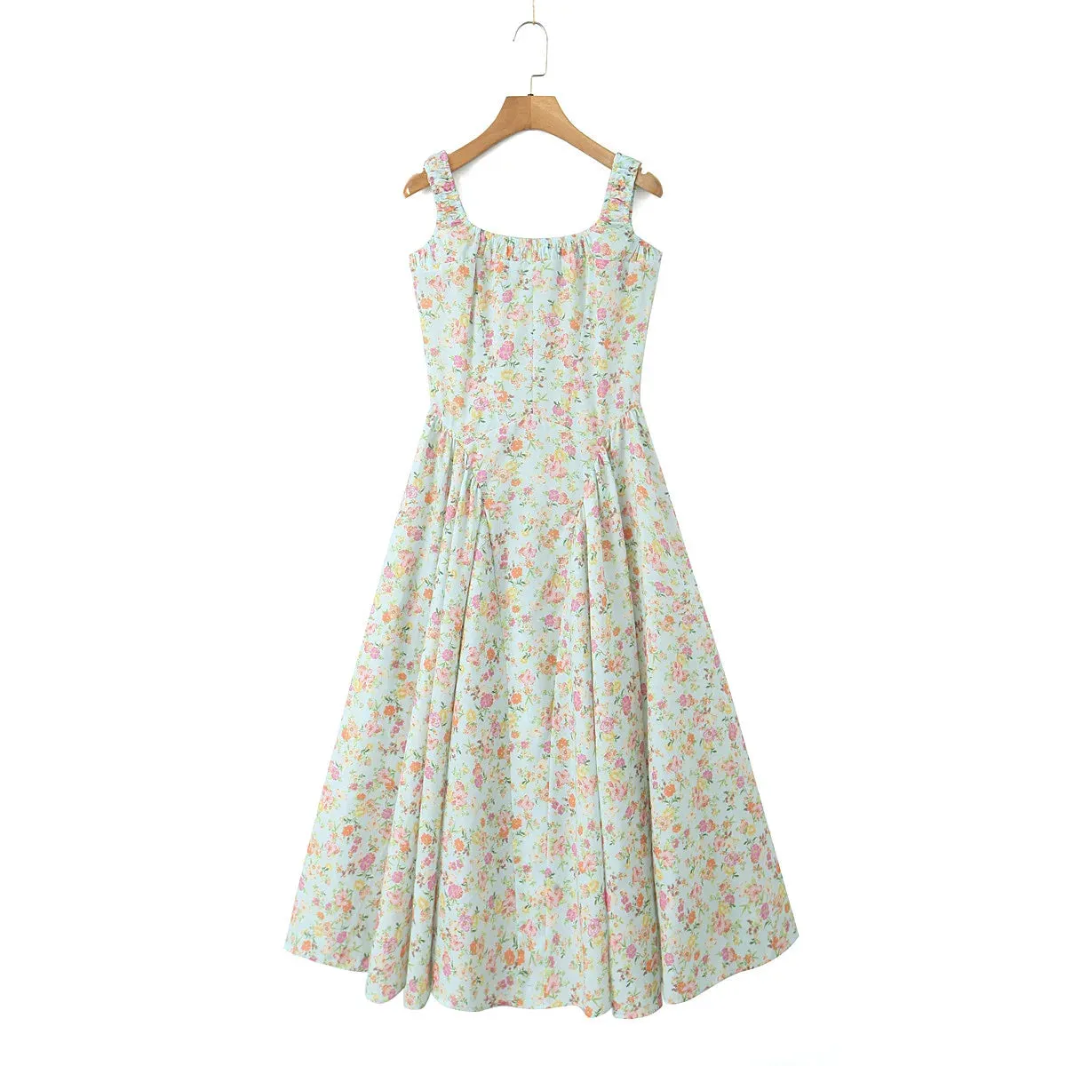 Floral Print Square Neck Strap Flare Midi Dress