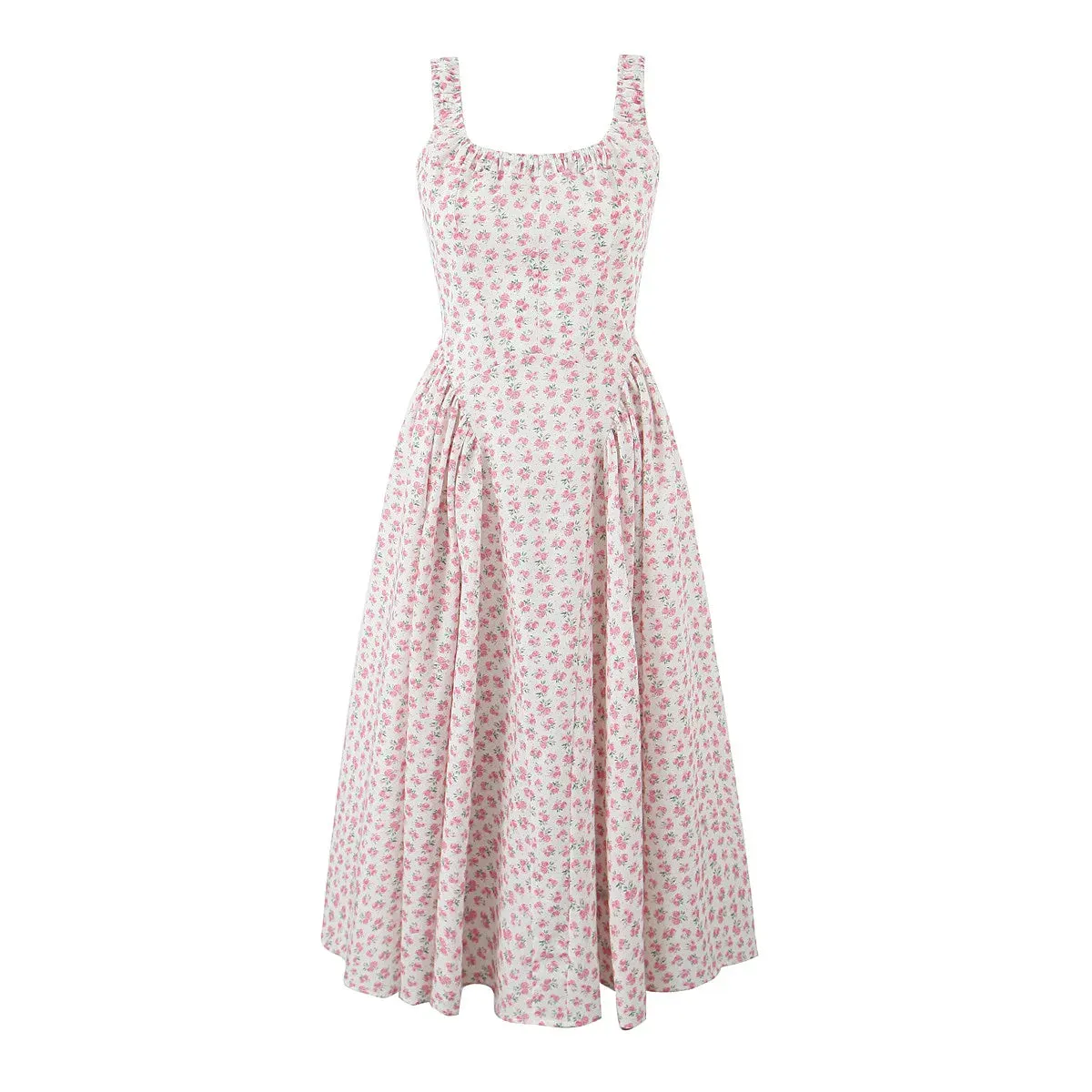 Floral Print Square Neck Strap Flare Midi Dress