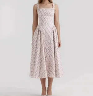 Floral Print Square Neck Strap Flare Midi Dress