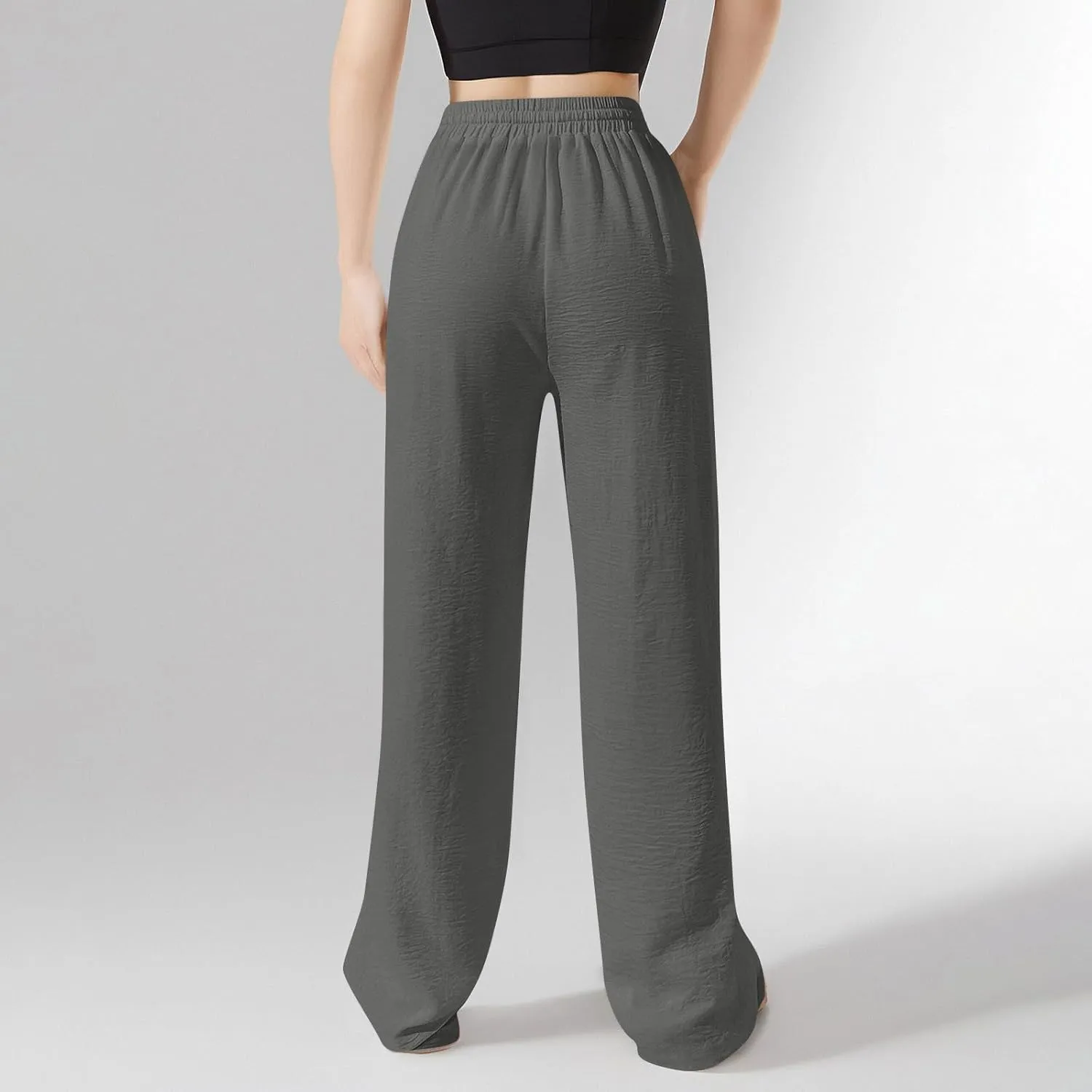 Flowy Linen Pants for Women Summer Wide Legs Pants Drawstring High Waisted Trouser Dressy Palazzo Pant with Pockets
