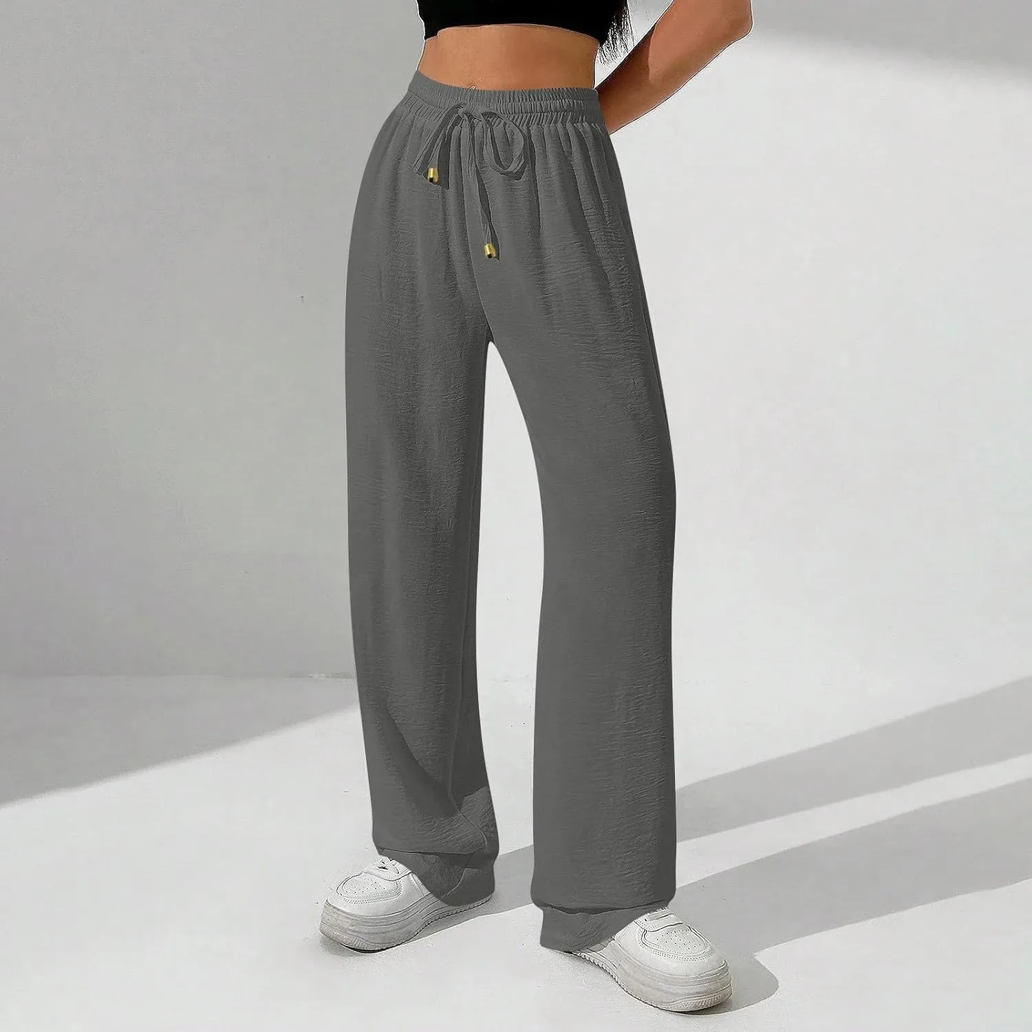 Flowy Linen Pants for Women Summer Wide Legs Pants Drawstring High Waisted Trouser Dressy Palazzo Pant with Pockets
