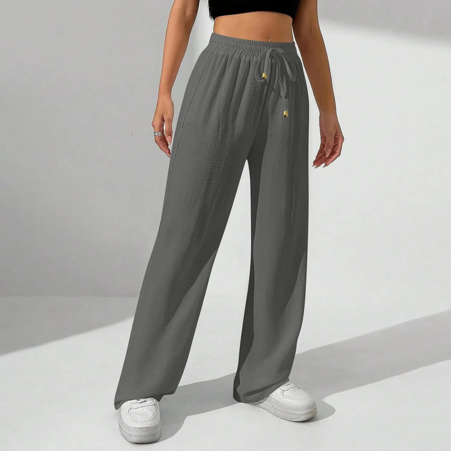 Flowy Linen Pants for Women Summer Wide Legs Pants Drawstring High Waisted Trouser Dressy Palazzo Pant with Pockets