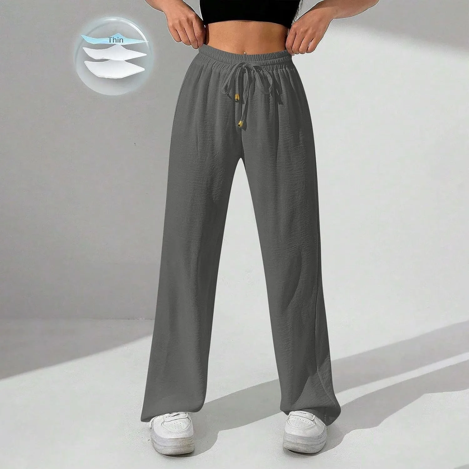 Flowy Linen Pants for Women Summer Wide Legs Pants Drawstring High Waisted Trouser Dressy Palazzo Pant with Pockets