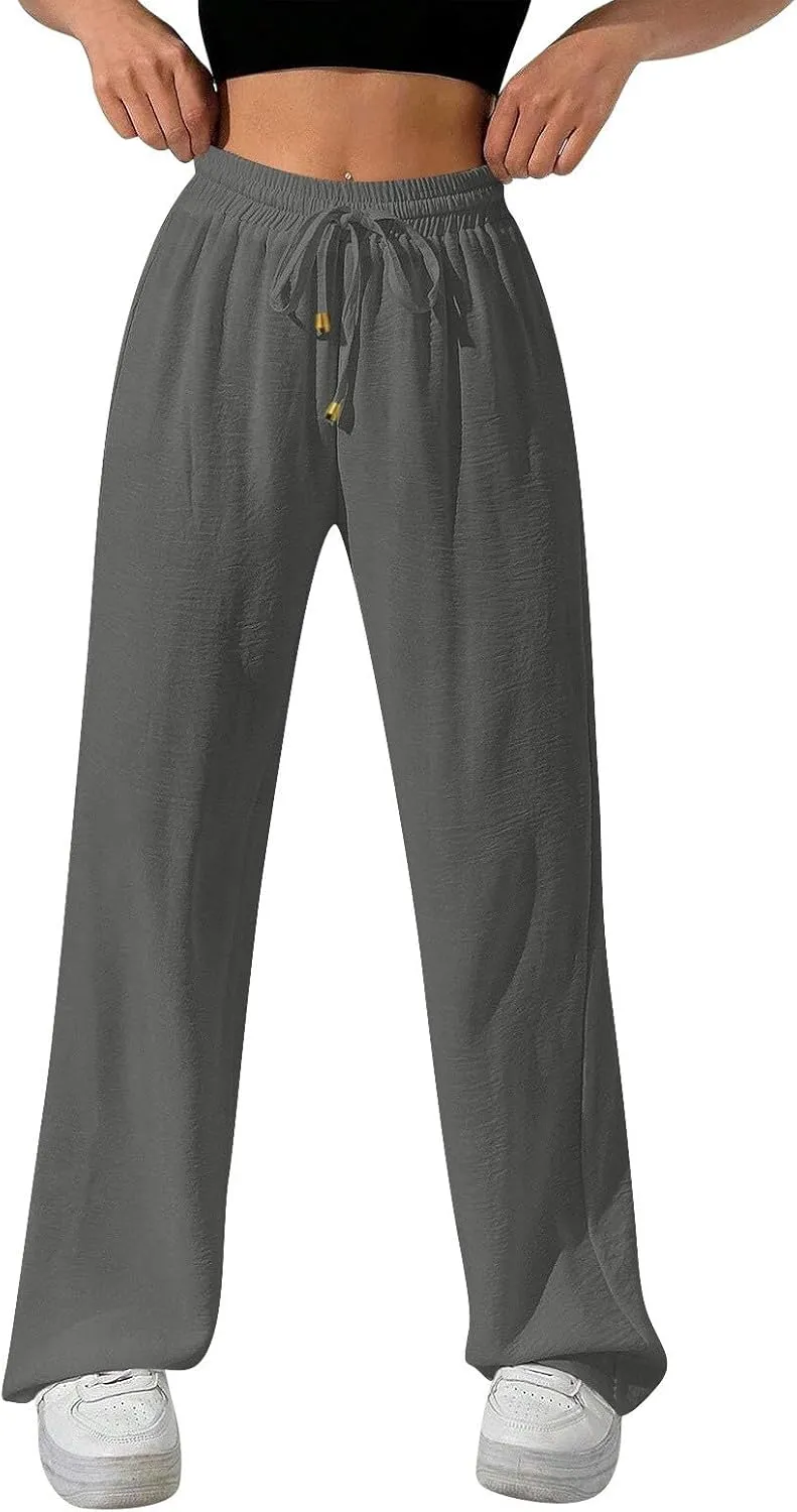 Flowy Linen Pants for Women Summer Wide Legs Pants Drawstring High Waisted Trouser Dressy Palazzo Pant with Pockets