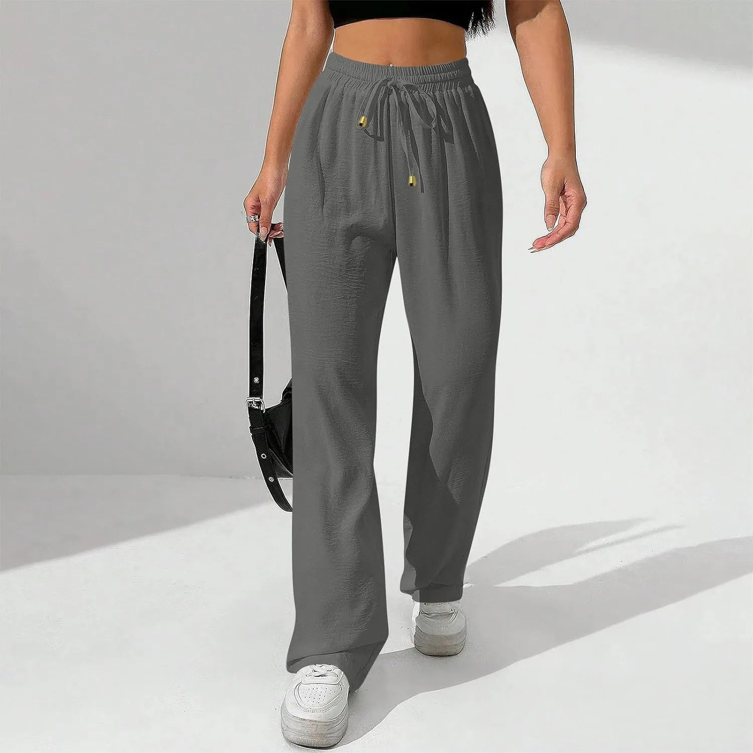 Flowy Linen Pants for Women Summer Wide Legs Pants Drawstring High Waisted Trouser Dressy Palazzo Pant with Pockets
