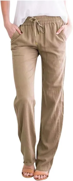 GIERIDUC Women's Cotton Linen Summer Palazzo Pants Casual Flowy Wide Leg Beach Trousers with Pockets Spring Outfits 2025