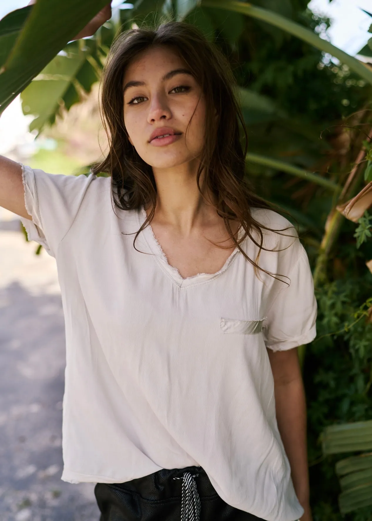 Italian Viscose Tee with Mock Pocket in Cream