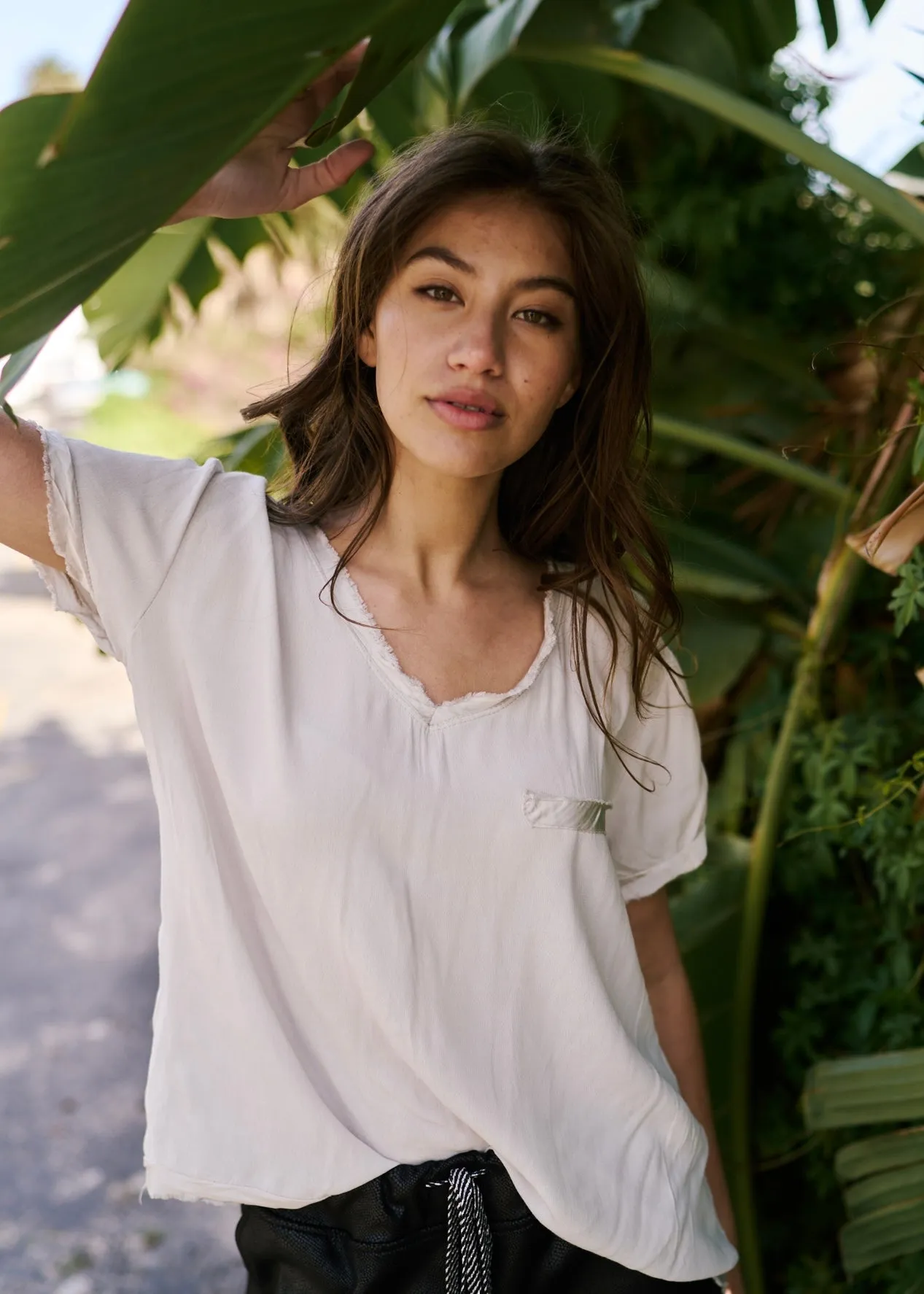 Italian Viscose Tee with Mock Pocket in Cream