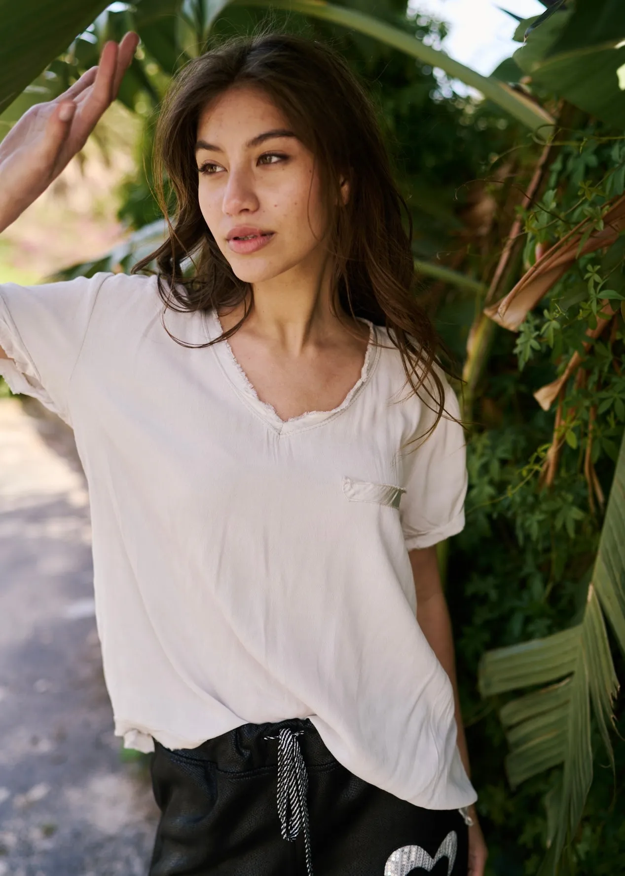 Italian Viscose Tee with Mock Pocket in Cream