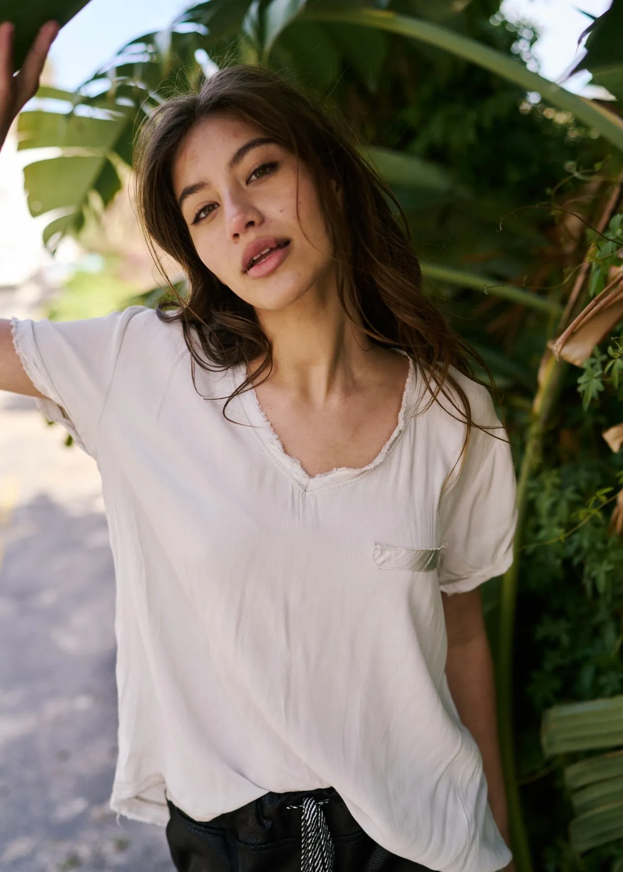 Italian Viscose Tee with Mock Pocket in Cream