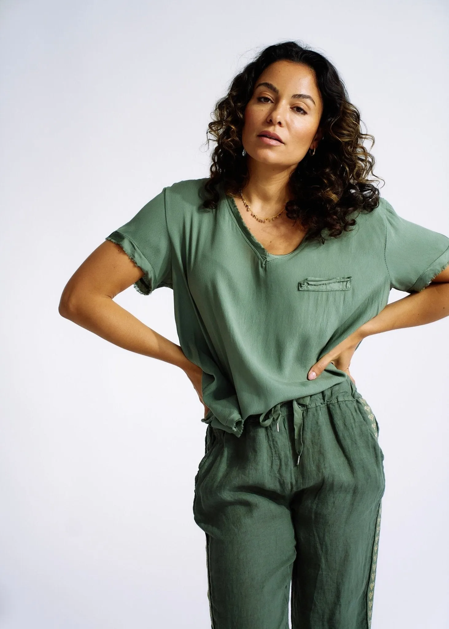 Italian Viscose Tee with Mock Pocket in Khaki