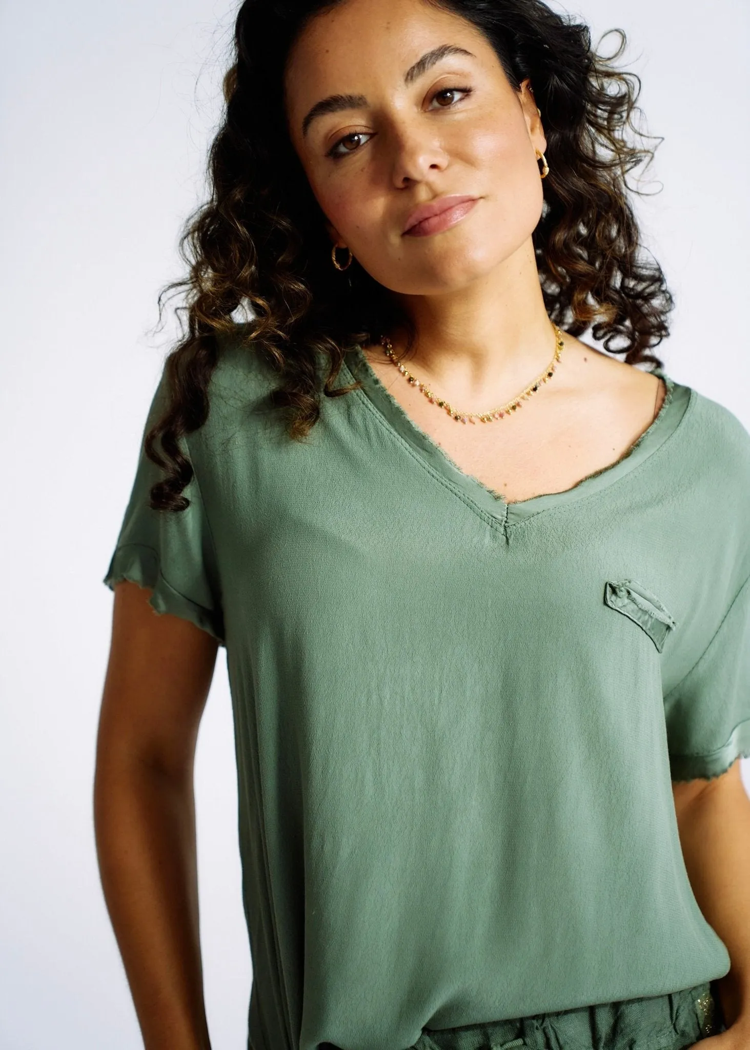 Italian Viscose Tee with Mock Pocket in Khaki