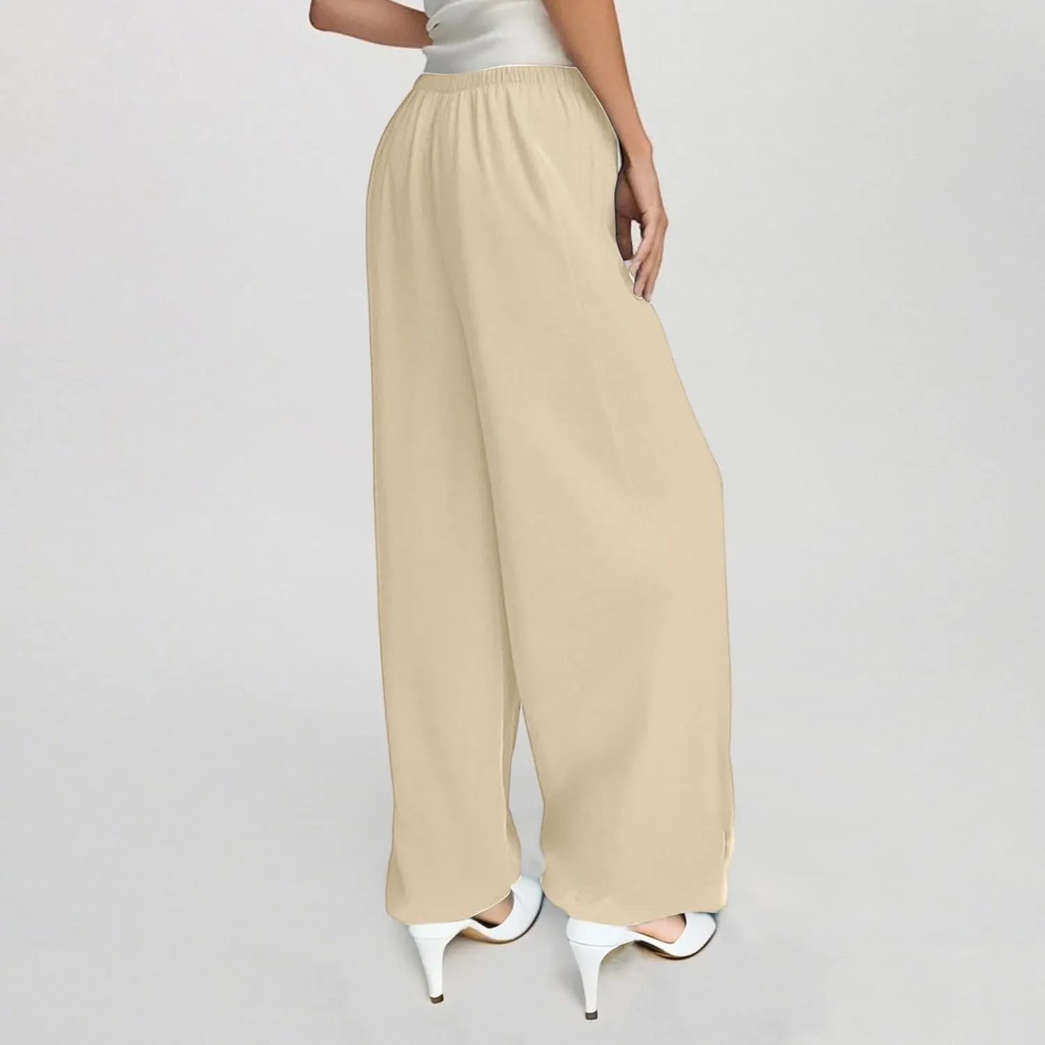 Linen Palazzo Pants for Women Elastic High Waisted Wide Leg Pants Casual Summer Beach Trouser Pants with Pockets