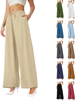 Linen Palazzo Pants for Women Elastic High Waisted Wide Leg Pants Casual Summer Beach Trouser Pants with Pockets