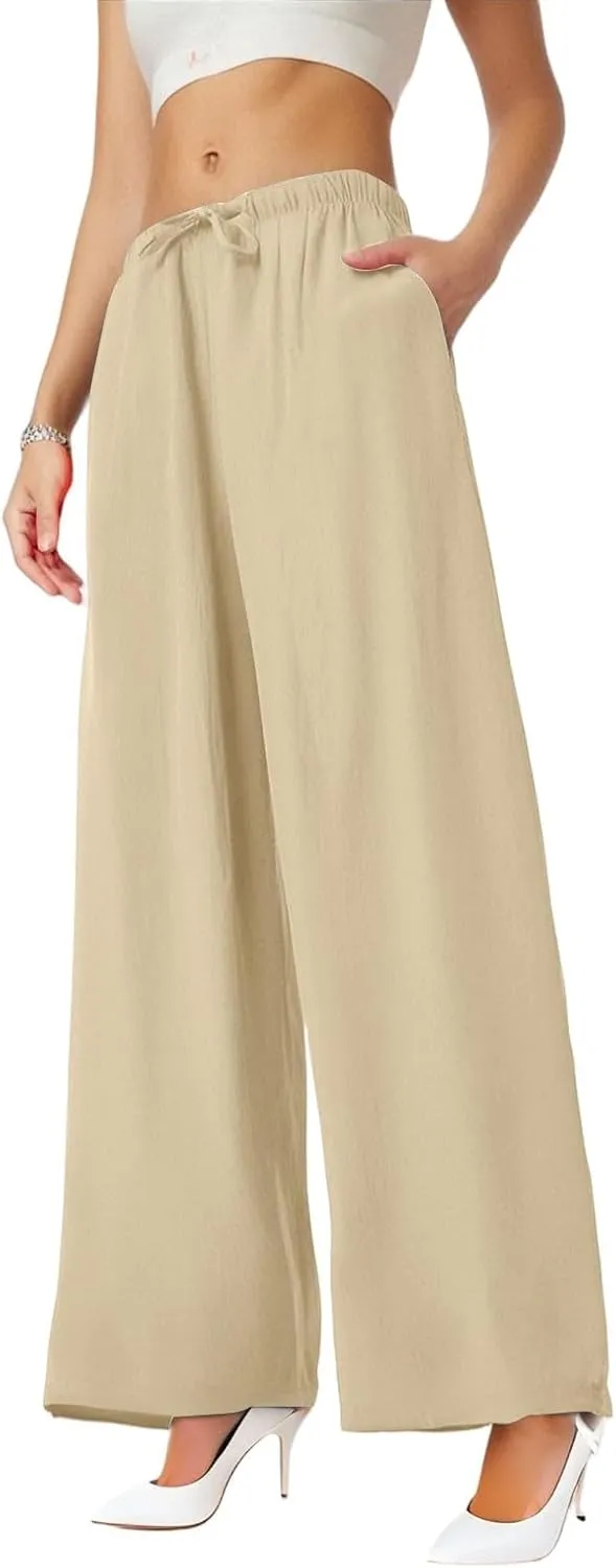 Linen Palazzo Pants for Women Elastic High Waisted Wide Leg Pants Casual Summer Beach Trouser Pants with Pockets