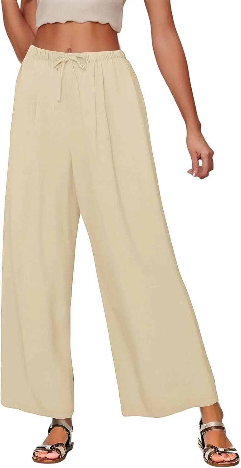 Linen Palazzo Pants for Women Elastic High Waisted Wide Leg Pants Casual Summer Beach Trouser Pants with Pockets