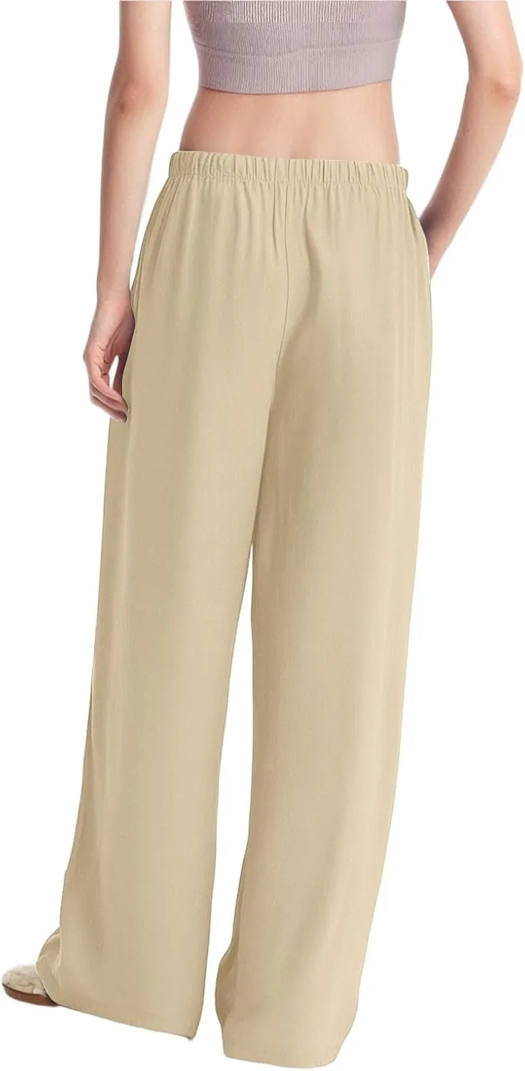 Linen Palazzo Pants for Women Elastic High Waisted Wide Leg Pants Casual Summer Beach Trouser Pants with Pockets