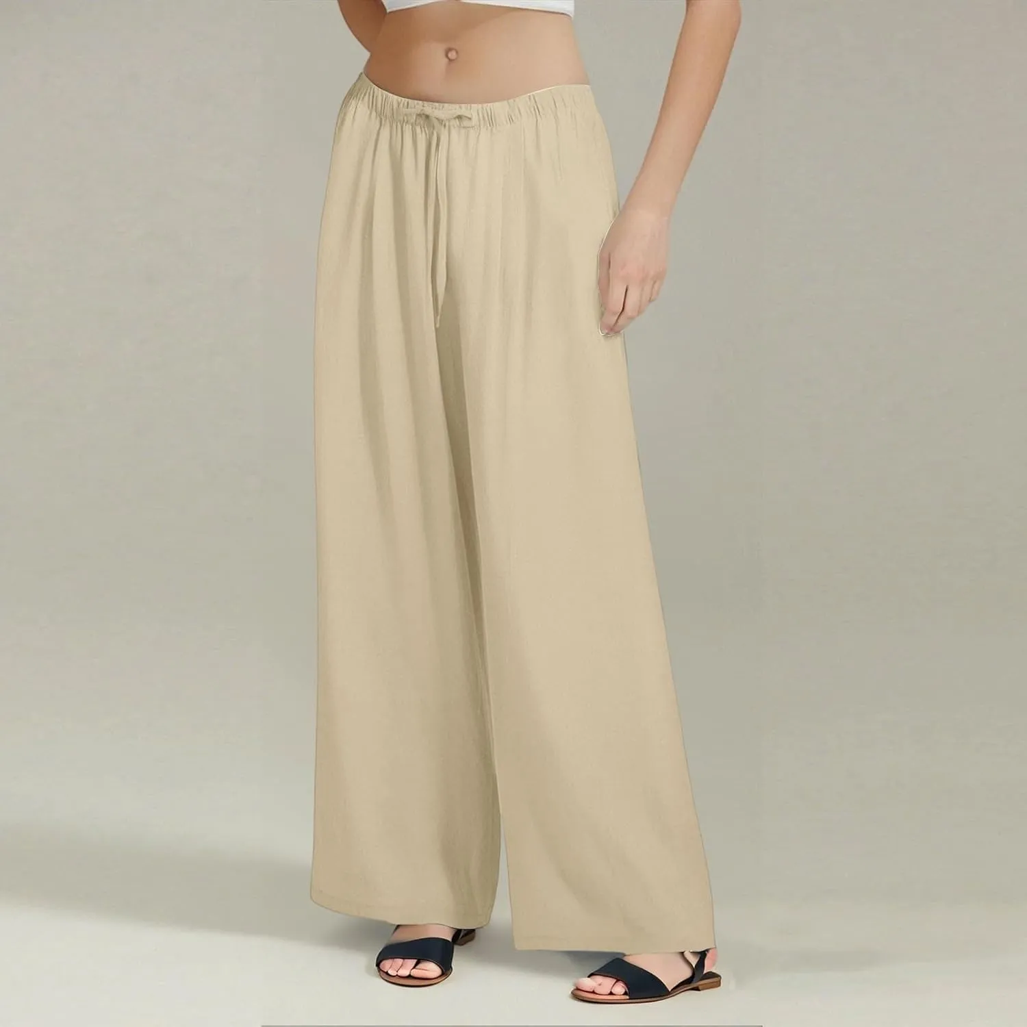 Linen Palazzo Pants for Women Elastic High Waisted Wide Leg Pants Casual Summer Beach Trouser Pants with Pockets