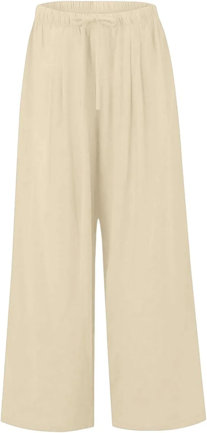 Linen Palazzo Pants for Women Elastic High Waisted Wide Leg Pants Casual Summer Beach Trouser Pants with Pockets