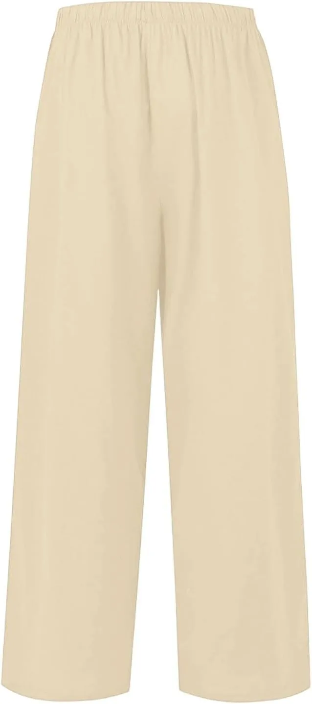 Linen Palazzo Pants for Women Elastic High Waisted Wide Leg Pants Casual Summer Beach Trouser Pants with Pockets