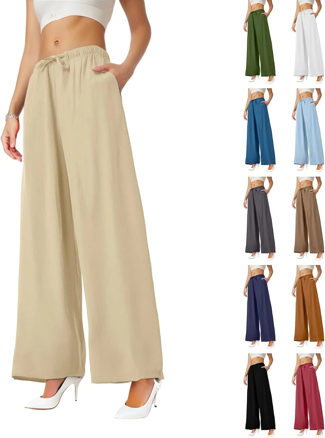 Linen Palazzo Pants for Women Elastic High Waisted Wide Leg Pants Casual Summer Beach Trouser Pants with Pockets
