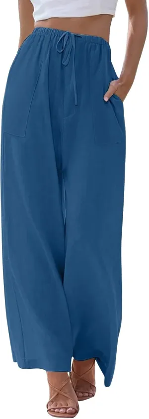 Linen Pants Women Summer Wide Leg Pants Drawstring Elastic Waist Pants High Waisted Pants Casual Beach Trousers