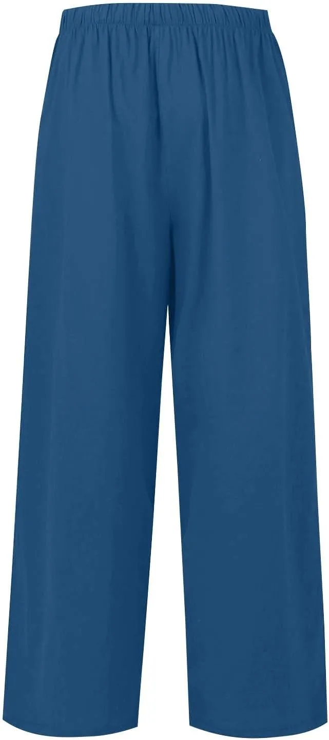 Linen Pants Women Summer Wide Leg Pants Drawstring Elastic Waist Pants High Waisted Pants Casual Beach Trousers