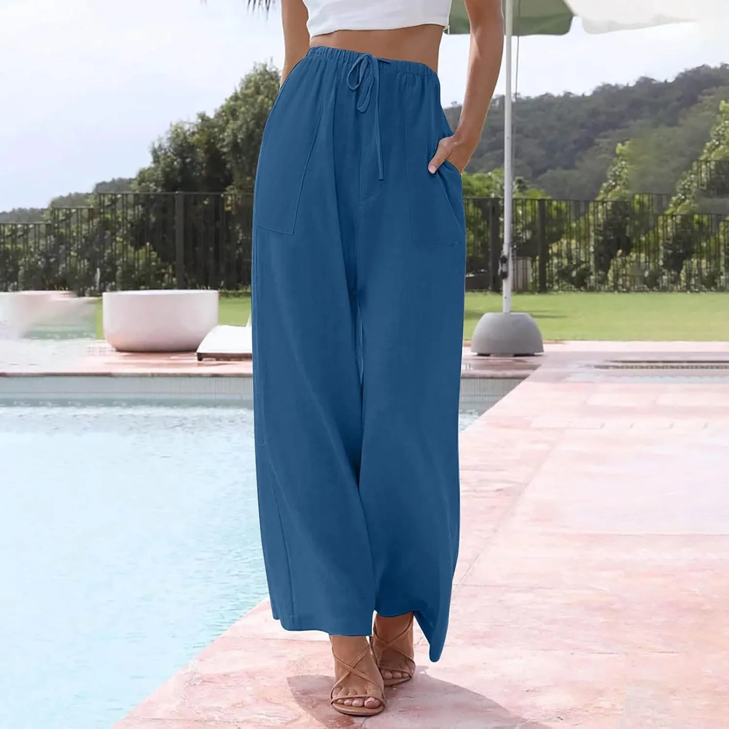 Linen Pants Women Summer Wide Leg Pants Drawstring Elastic Waist Pants High Waisted Pants Casual Beach Trousers